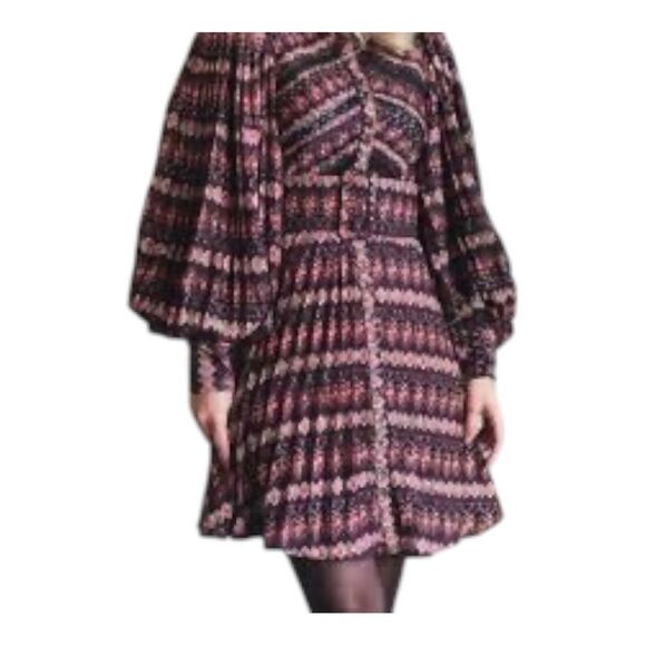 ByTimo Boho Printed Mini Dress Brown-Purple Long Sleeve Pleated Romantic Medium - Picture 5 of 7